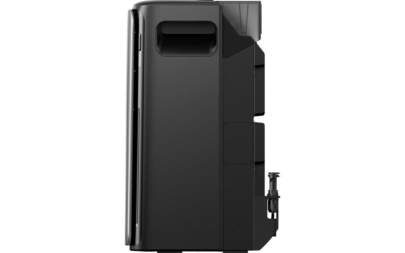 Schwarze Kaffeemaschine von der Seite mit herausgezogenem Wassertank