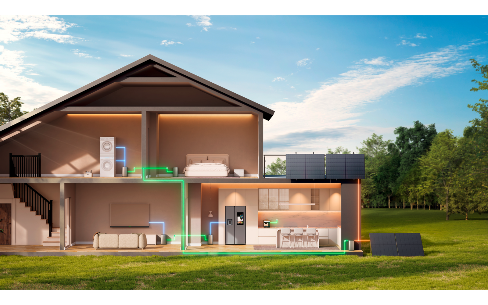 Modernes zweistöckiges Haus mit großer Glasfront und Holzverkleidung auf einer grünen Wiese unter blauem Himmel