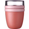 Rosa Becher mit matter Oberfläche, hellrosa Band und transparentem Deckel