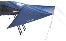 Auvent triangulaire en tissu bleu avec logo blanc 'punii', deux sections d'échelle visibles en dessous, tiges de support métalliques et cordes de hauban, fond blanc