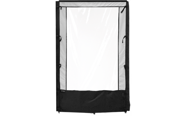 Weißes rechteckiges Stoffpaneel mit schwarzem Rahmen, schwarzen Befestigungsriemen an den Seiten und einem schwarzen unteren Streifen