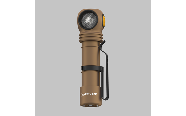 Braune Taschenlampe mit rundem Licht und schwarzem Griff auf grauem Hintergrund