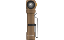 Braune Winkellampe mit schwarzem Clip und rundem Lichtkopf