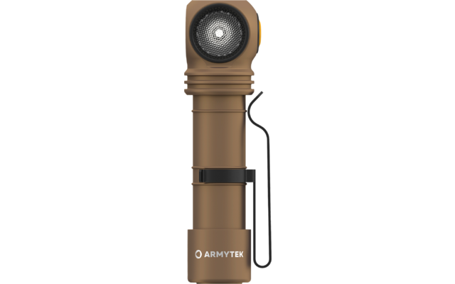Braune Winkellampe mit schwarzem Clip und rundem Lichtkopf