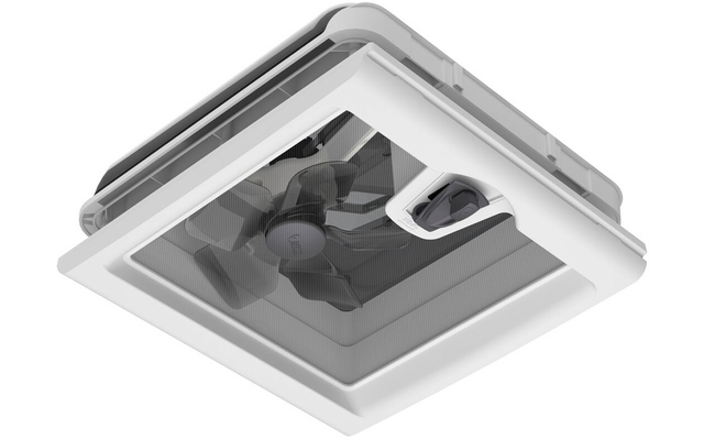 Quadratische weiße Kunststoffabdeckung mit durchscheinender Klappe, sichtbarer vierflügeliger Ventilator und kleiner rechteckiger Griff