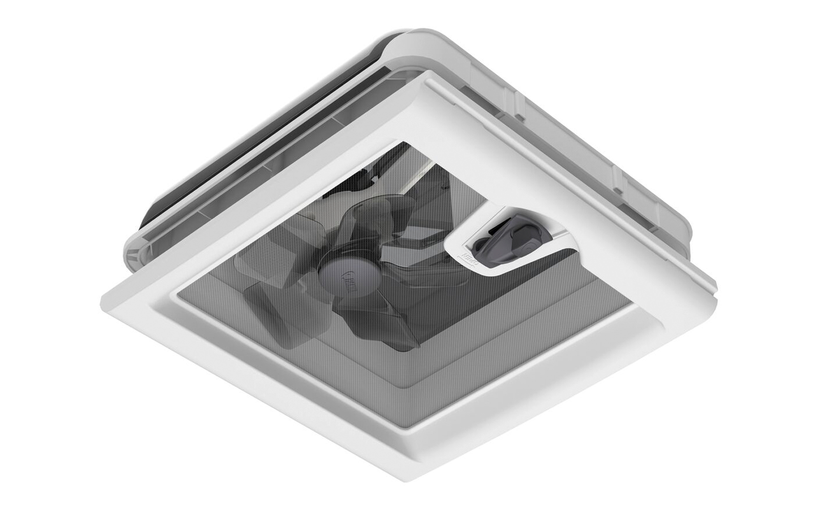 Quadratische weiße Kunststoffabdeckung mit durchscheinender Klappe, sichtbarer vierflügeliger Ventilator und kleiner rechteckiger Griff