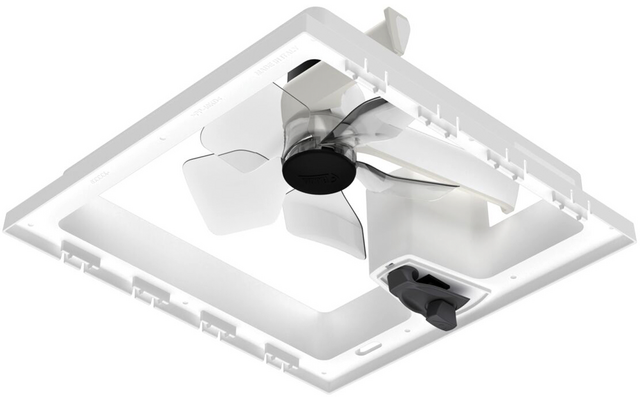 Weißer quadratischer Rahmen mit eingebautem Ventilator, vier transparente Flügel, schwarzer Motor und weißes Bedienelement mit schwarzem Schalter