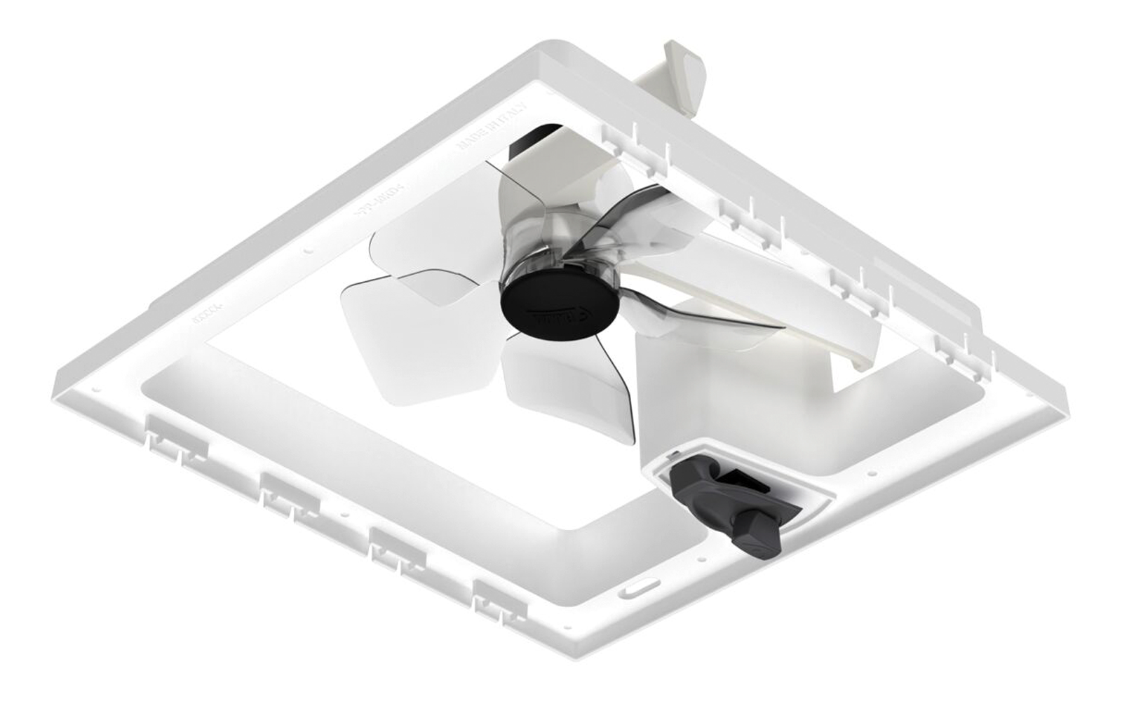 Weißer quadratischer Rahmen mit eingebautem Ventilator, vier transparente Flügel, schwarzer Motor und weißes Bedienelement mit schwarzem Schalter
