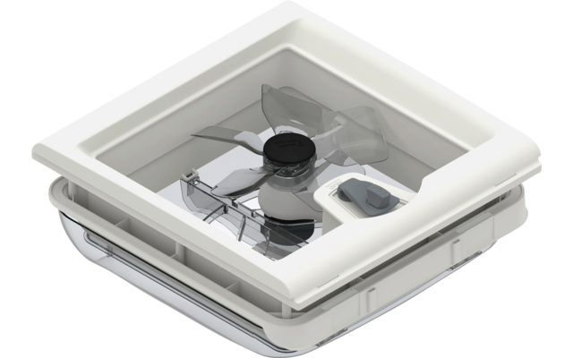 Weißes quadratisches Kunststoffgehäuse mit vier transparenten Lüfterblättern und schwarzem rundem Mittelstück, sichtbare transparente Abdeckung und kleines rechteckiges Fach