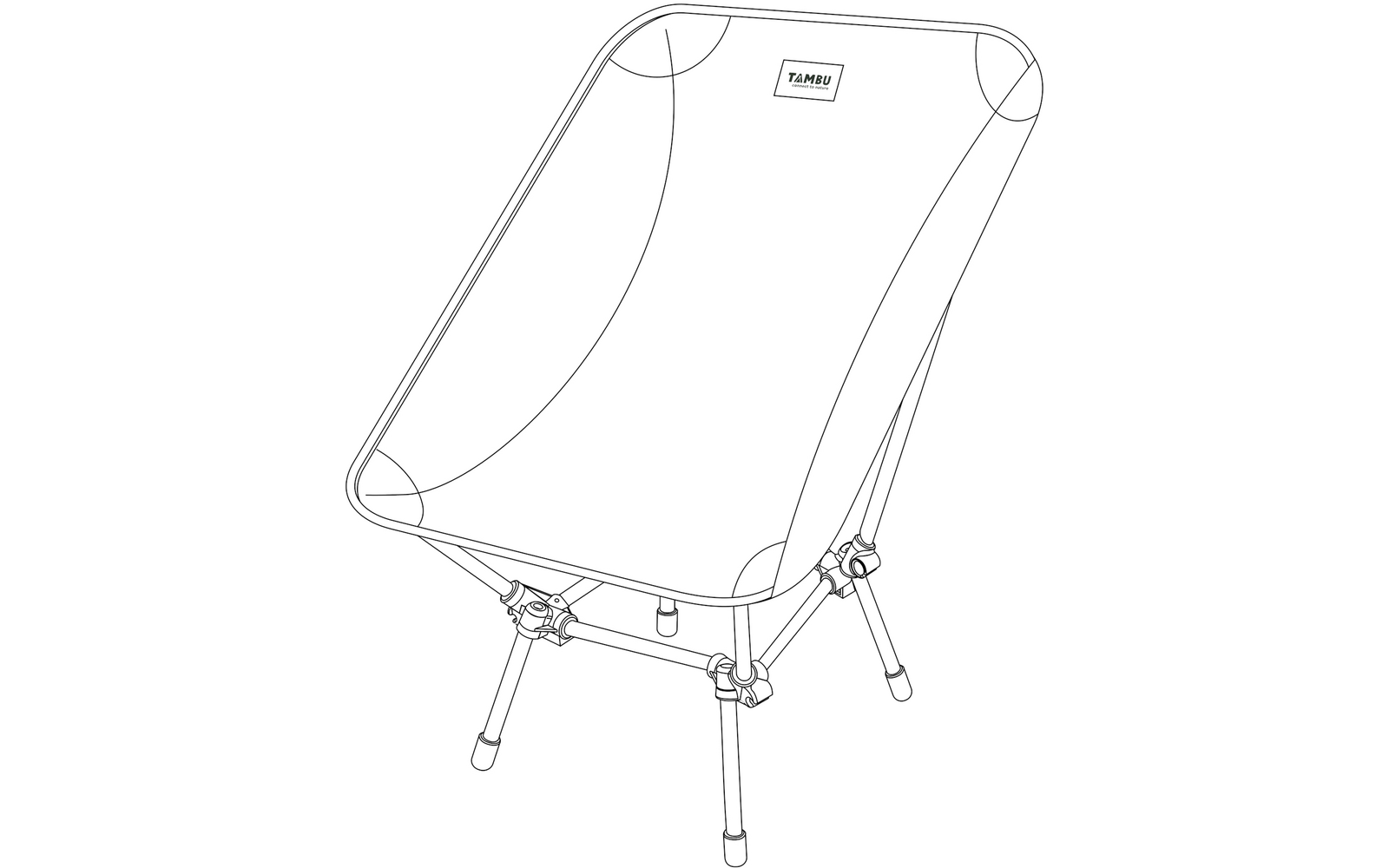 Structure métallique avec assise en tissu tendu, quatre pieds métalliques inclinés avec articulations et étiquette rectangulaire TAMBO sur l'assise