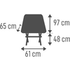 Vue de face d'une chaise en silhouette grise, en dessous une flèche double horizontale indiquant «61 cm», à droite une flèche double verticale indiquant «97 cm», à côté de l'assise une flèche double verticale plus courte indiquant «48 cm» et à gauche une flèche double diagonale indiquant «65 cm»
