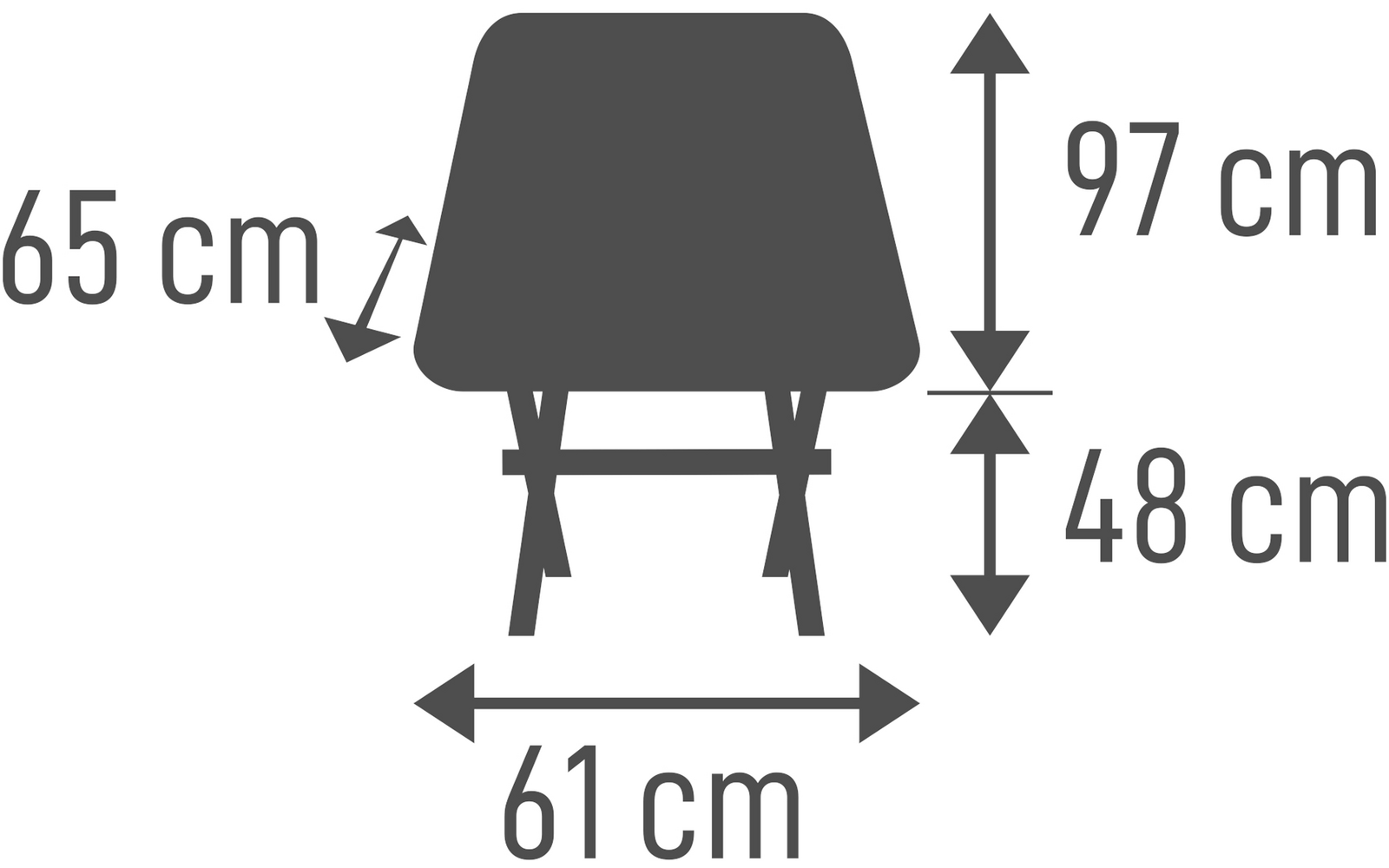 Vue de face d'une chaise en silhouette grise, en dessous une flèche double horizontale indiquant «61 cm», à droite une flèche double verticale indiquant «97 cm», à côté de l'assise une flèche double verticale plus courte indiquant «48 cm» et à gauche une flèche double diagonale indiquant «65 cm»