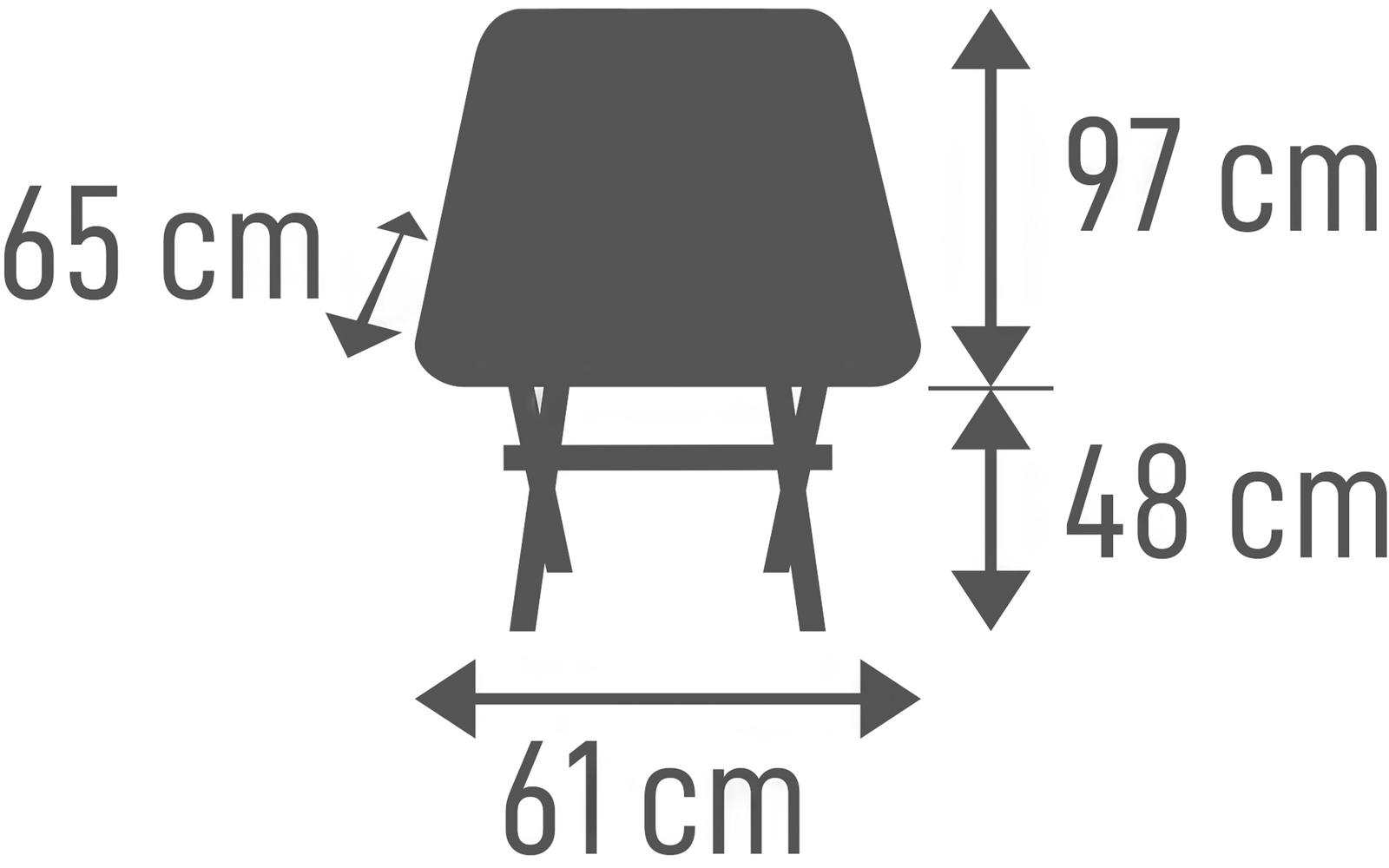 Vorderansicht eines Stuhls als graue Silhouette, darunter ein horizontaler Doppelpfeil mit „61 cm“, rechts ein vertikaler Doppelpfeil mit „97 cm“, neben der Sitzfläche ein kürzerer vertikaler Doppelpfeil mit „48 cm“ und links ein diagonal verlaufende