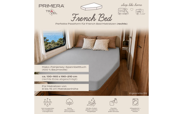 Interieur met ingebouwd French-bed, grijs hoeslaken en drie kussens, links een raam met zeezicht, houten kast rechts, 'PRIMERA TRAVEL'-logo en tekstbalken met maat- en materiaalgegevens