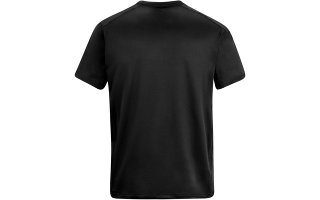 Rückansicht eines schwarzen T‑Shirts auf weißem Hintergrund