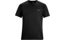 T‑shirt noir à manches courtes, vue de face, col rond, petit logo clair sur la poitrine