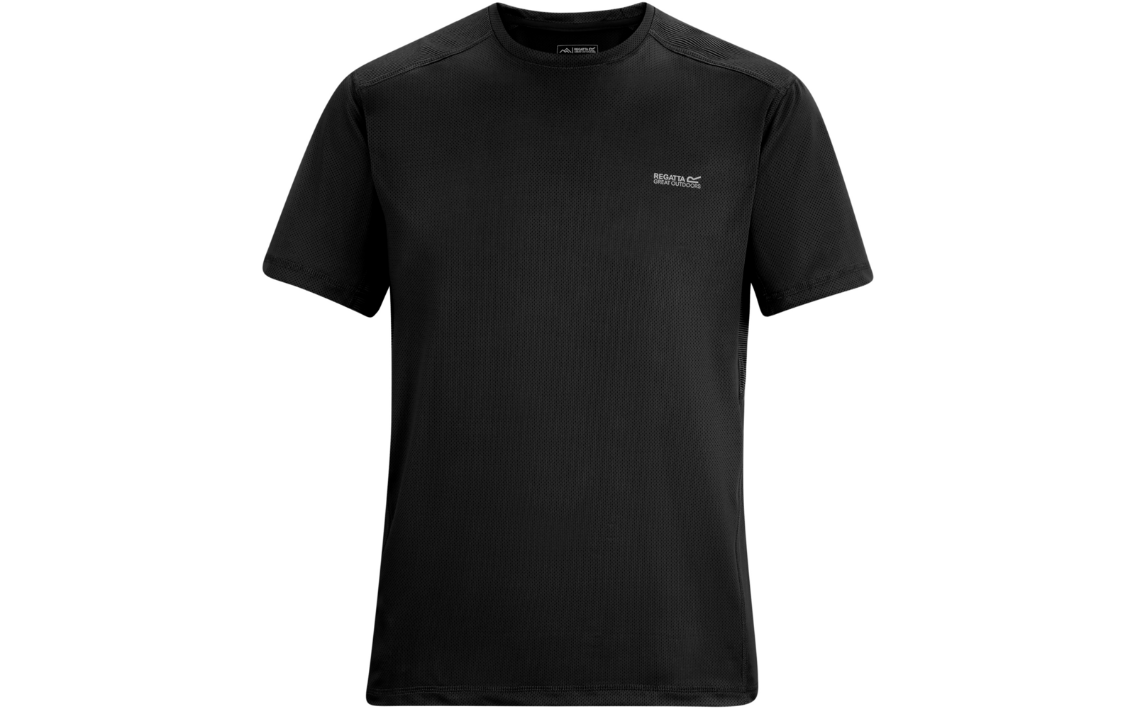 Schwarzes kurzärmeliges T‑Shirt, Frontansicht, Rundhalsausschnitt, kleines helles Logo auf der Brust