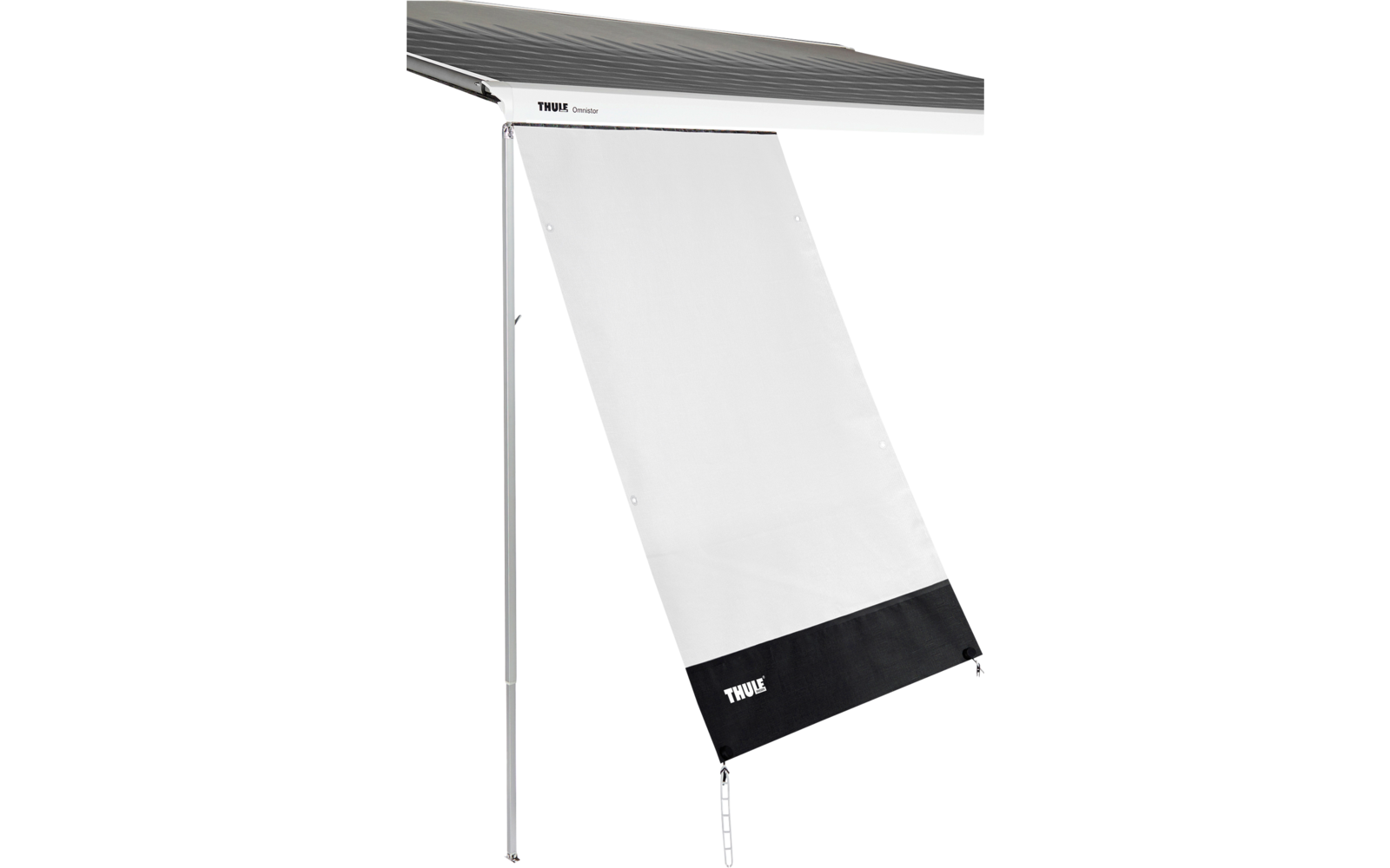 Tenda da sole estesa con telo grigio scuro a righe; pannello frontale bianco con orlo nero e logo THULE; struttura in alluminio argentato, due pali di sostegno e tiranti