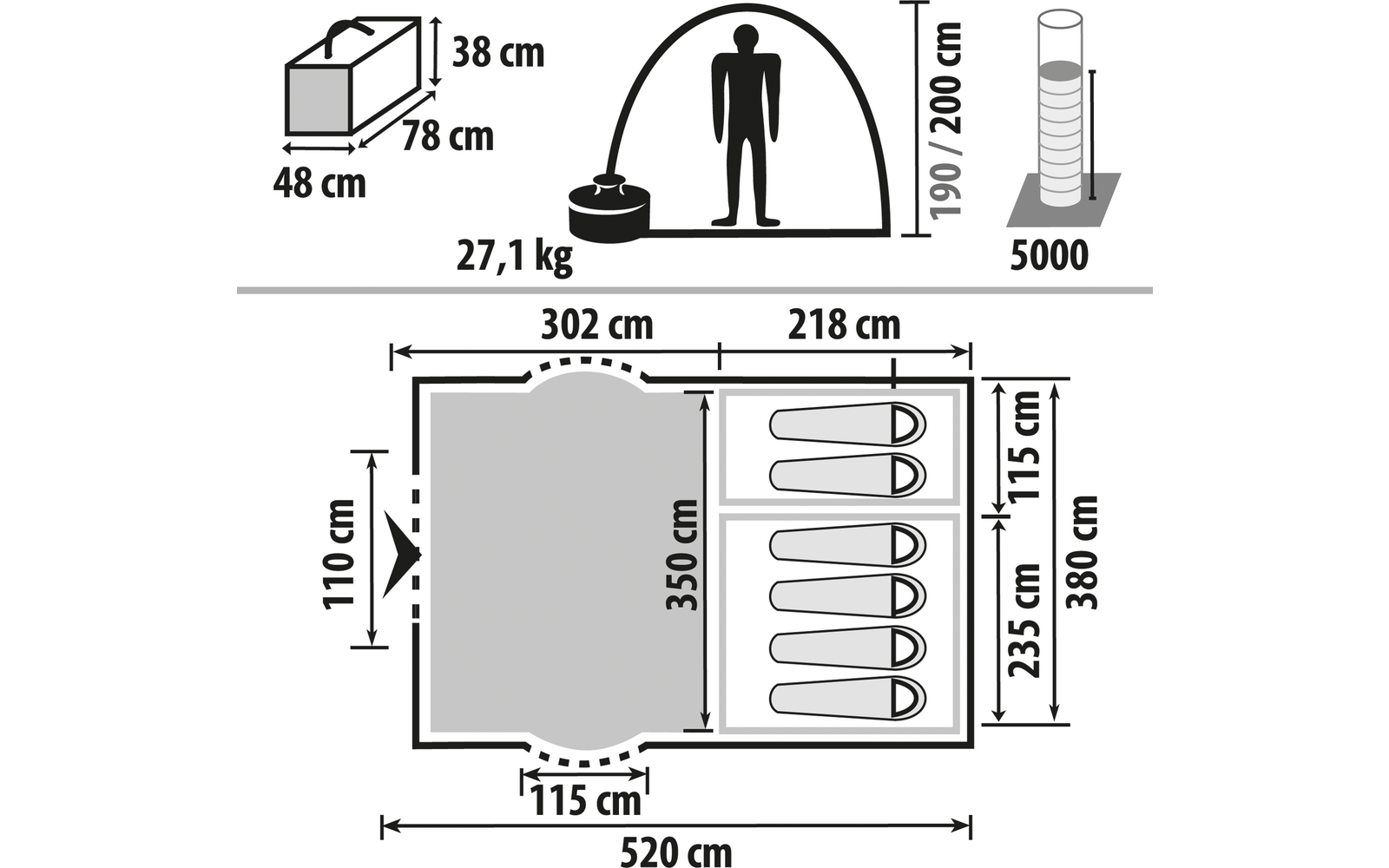 Technische Zeichnung mit Maßen eines Wohnwagens und einer stehenden menschlichen Figur zur Größenveranschaulichung