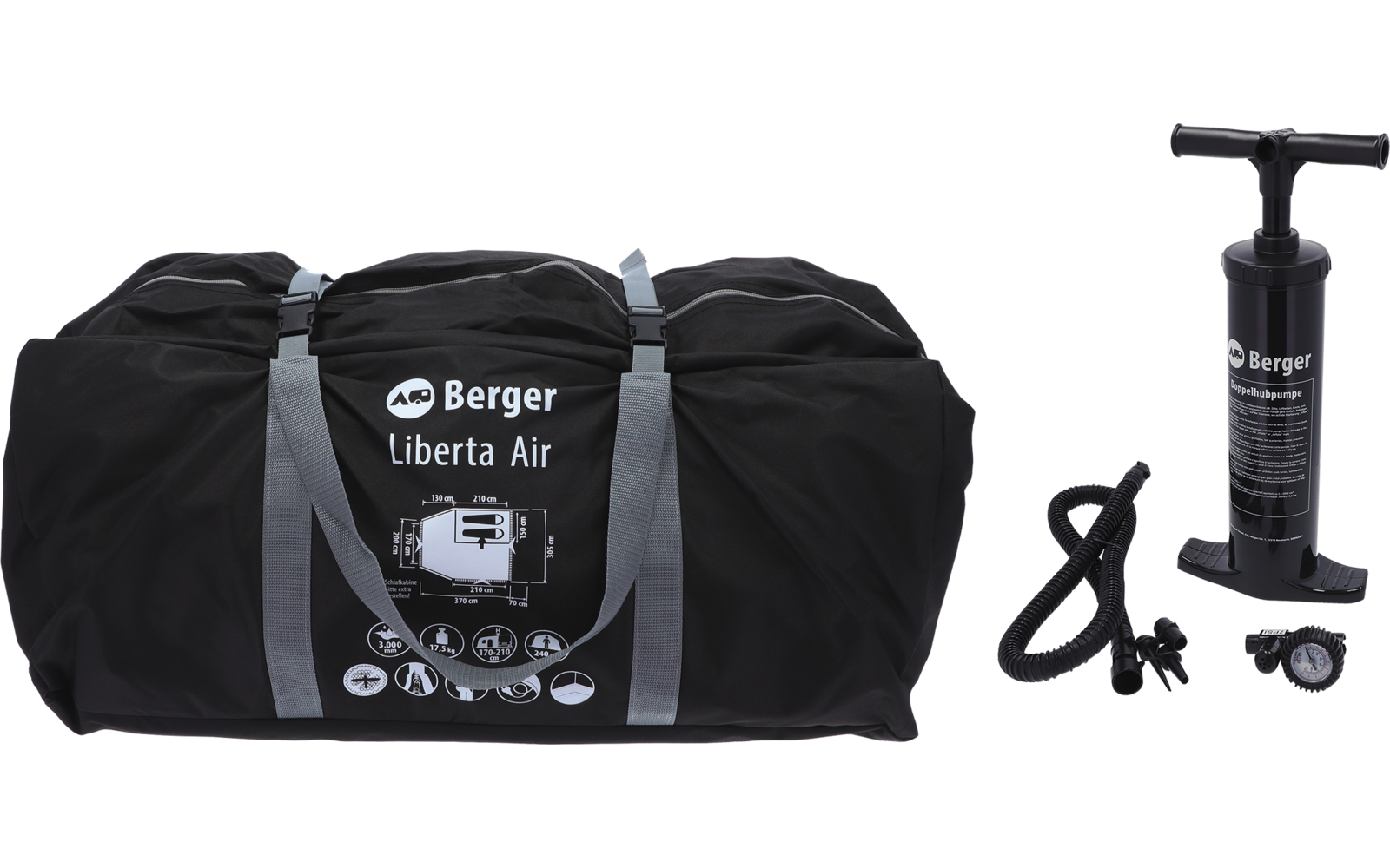 Bolsa negra con la inscripción 'Berger Liberta Air' y asas grises, junto a una bomba de mano negra con manguera, válvulas y un manómetro
