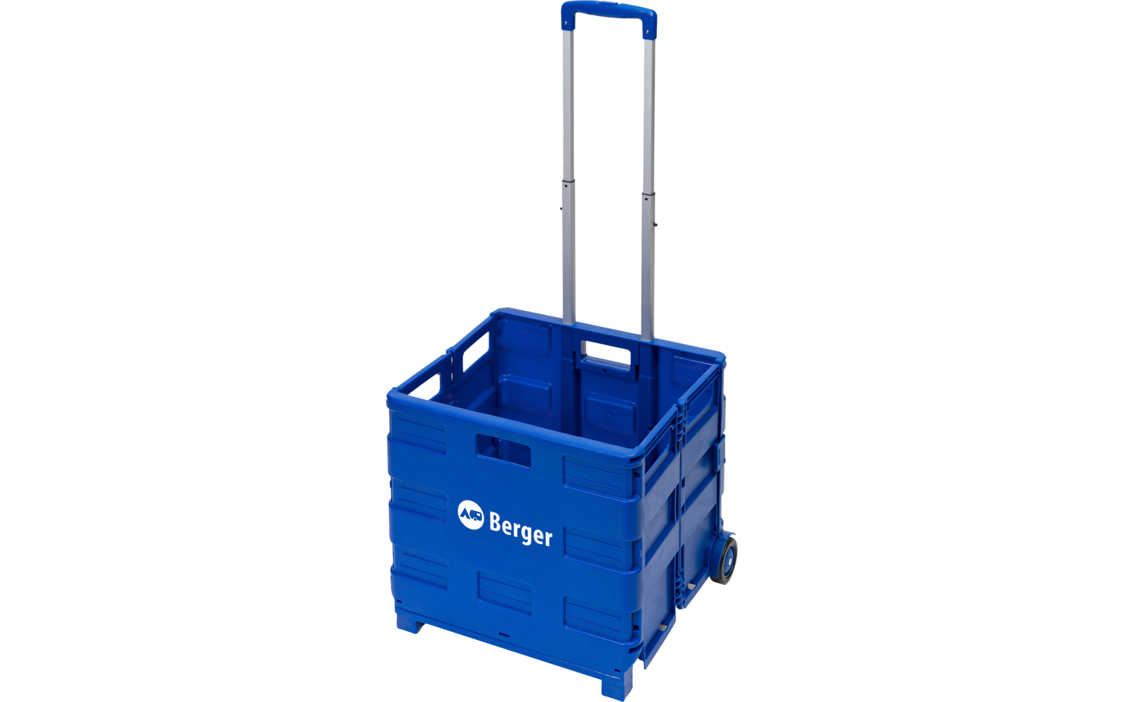 Blauer faltbarer Einkaufskorb mit Teleskopgriff und Rädern auf weißem Hintergrund