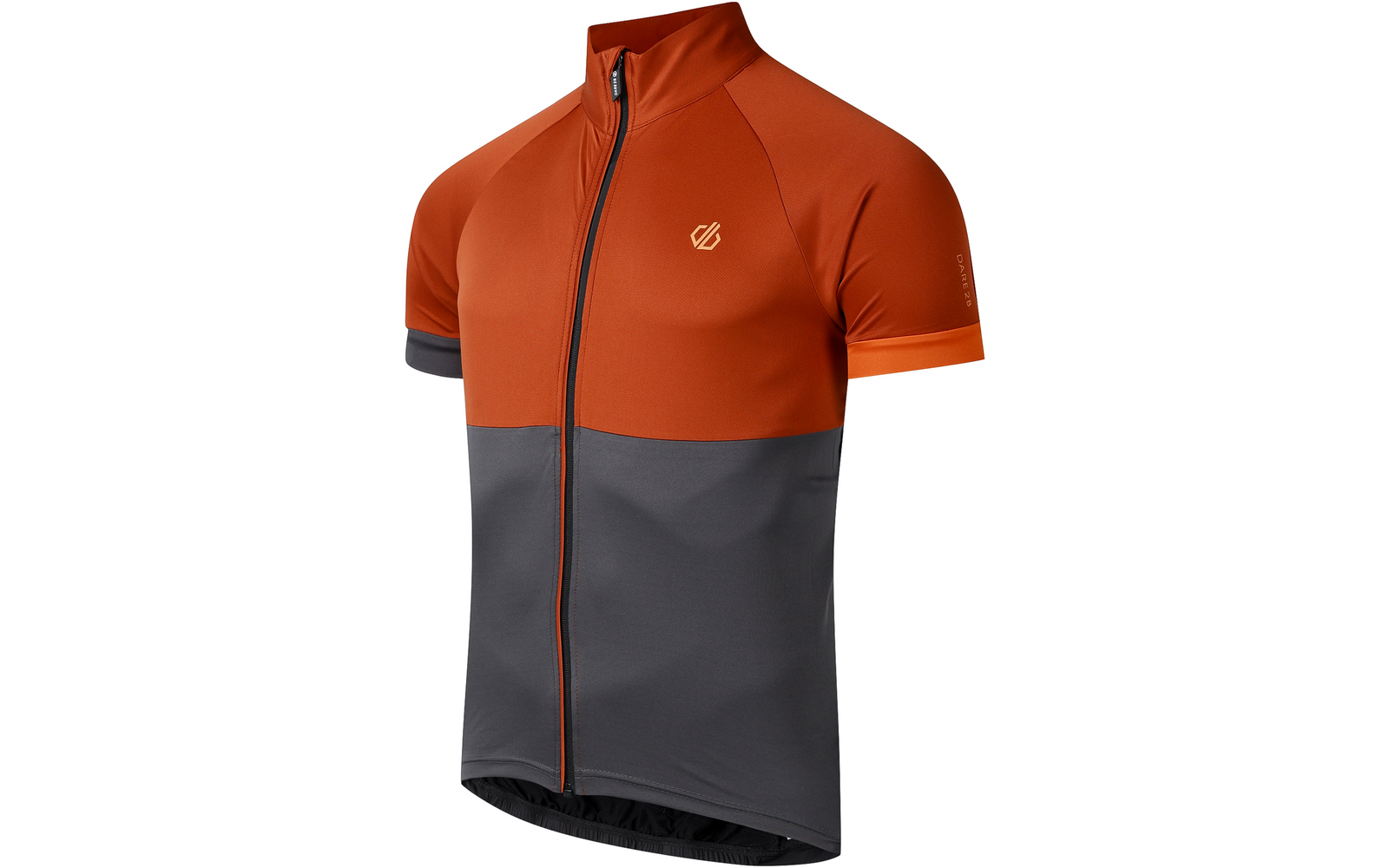 Maillot de ciclismo de manga corta con cremallera completa, parte superior naranja, parte inferior gris oscuro, pequeño logo blanco en el pecho, cuello alto