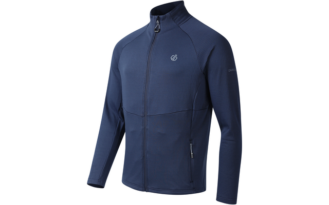 Dunkelblaue, langärmelige Jacke mit durchgehendem Reißverschluss, Stehkragen, zwei Reißverschlusstaschen vorne, kleinem Logo auf der Brust und strukturierter Oberfläche