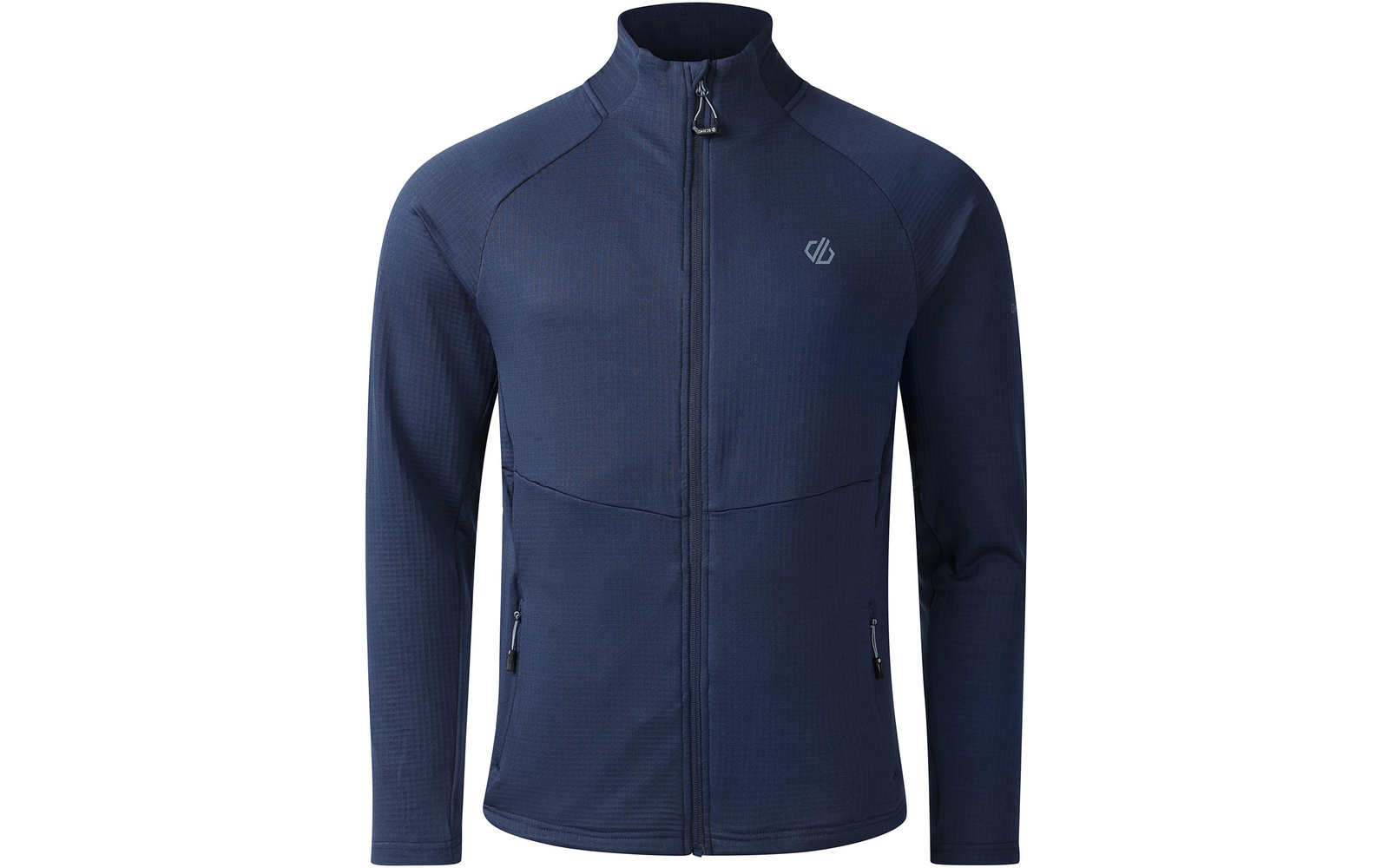 Marineblaue Jacke mit durchgehendem Reißverschluss, Stehkragen, langen Ärmeln, zwei seitlichen Reißverschlusstaschen und kleinem Logo auf der linken Brust, strukturierter Stoff