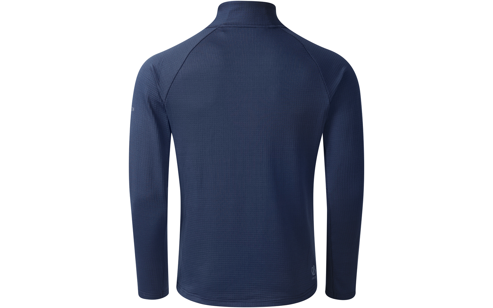 Rückansicht eines dunkelblauen Langarmoberteils mit Stehkragen, strukturiertem Stoff und kleinen Logos am unteren Saum und an der linken Ärmelaußenseite