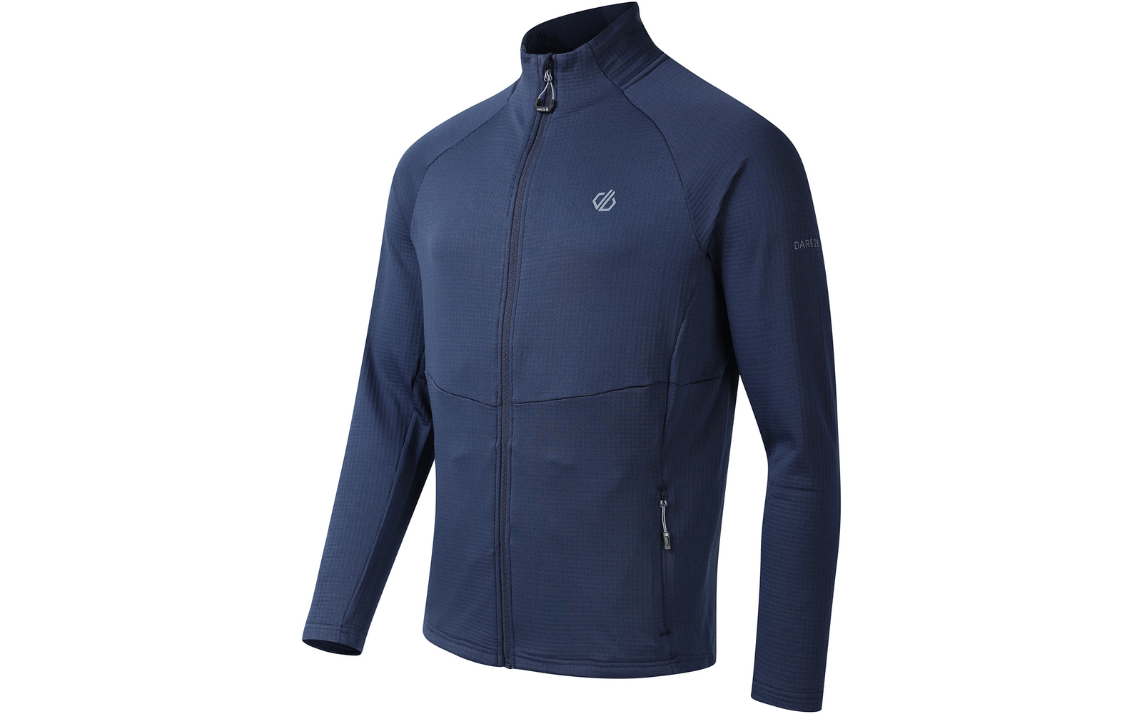 Dunkelblaue, langärmelige Jacke mit durchgehendem Reißverschluss, Stehkragen, zwei Reißverschlusstaschen vorne, kleinem Logo auf der Brust und strukturierter Oberfläche