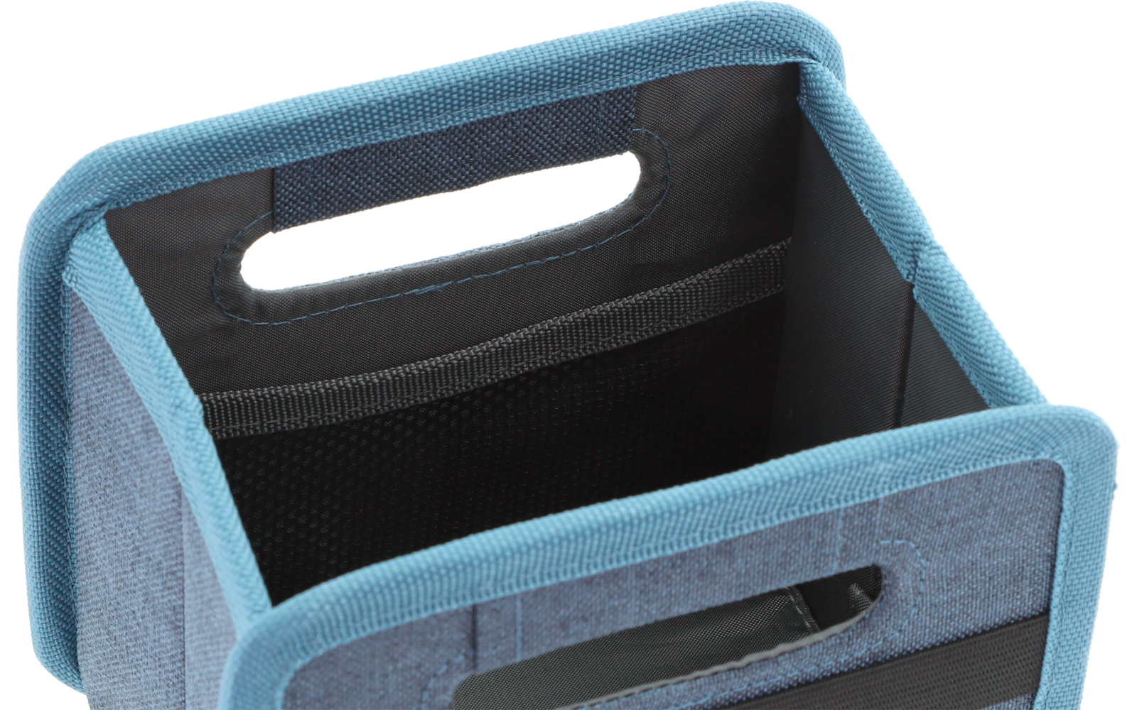 Blauer Ordnungsbox aus Stoff mit grauem Innenfach und Griff