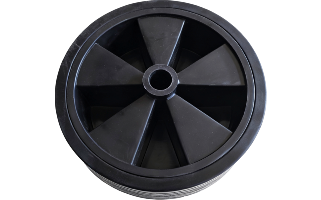 Schwarzes Kunststoffrad mit sechs dreieckigen Speichen und zentraler Bohrung auf weißem Hintergrund