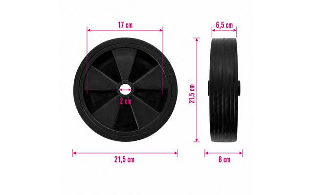 Schwarzes Rad in Vorder- und Seitenansicht mit mittigem Loch und sechs Segmenten; pinke Messpfeile mit den Angaben 21,5 cm, 17 cm, 2 cm, 6,5 cm und 8 cm