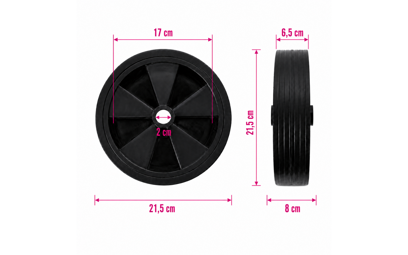 Schwarzes Rad in Vorder- und Seitenansicht mit mittigem Loch und sechs Segmenten; pinke Messpfeile mit den Angaben 21,5 cm, 17 cm, 2 cm, 6,5 cm und 8 cm