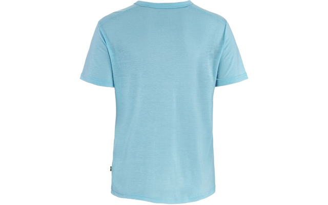 Hellblaues kurzärmeliges T-Shirt von hinten, Rundhalsausschnitt, kleine Etikette an der linken Seitennaht