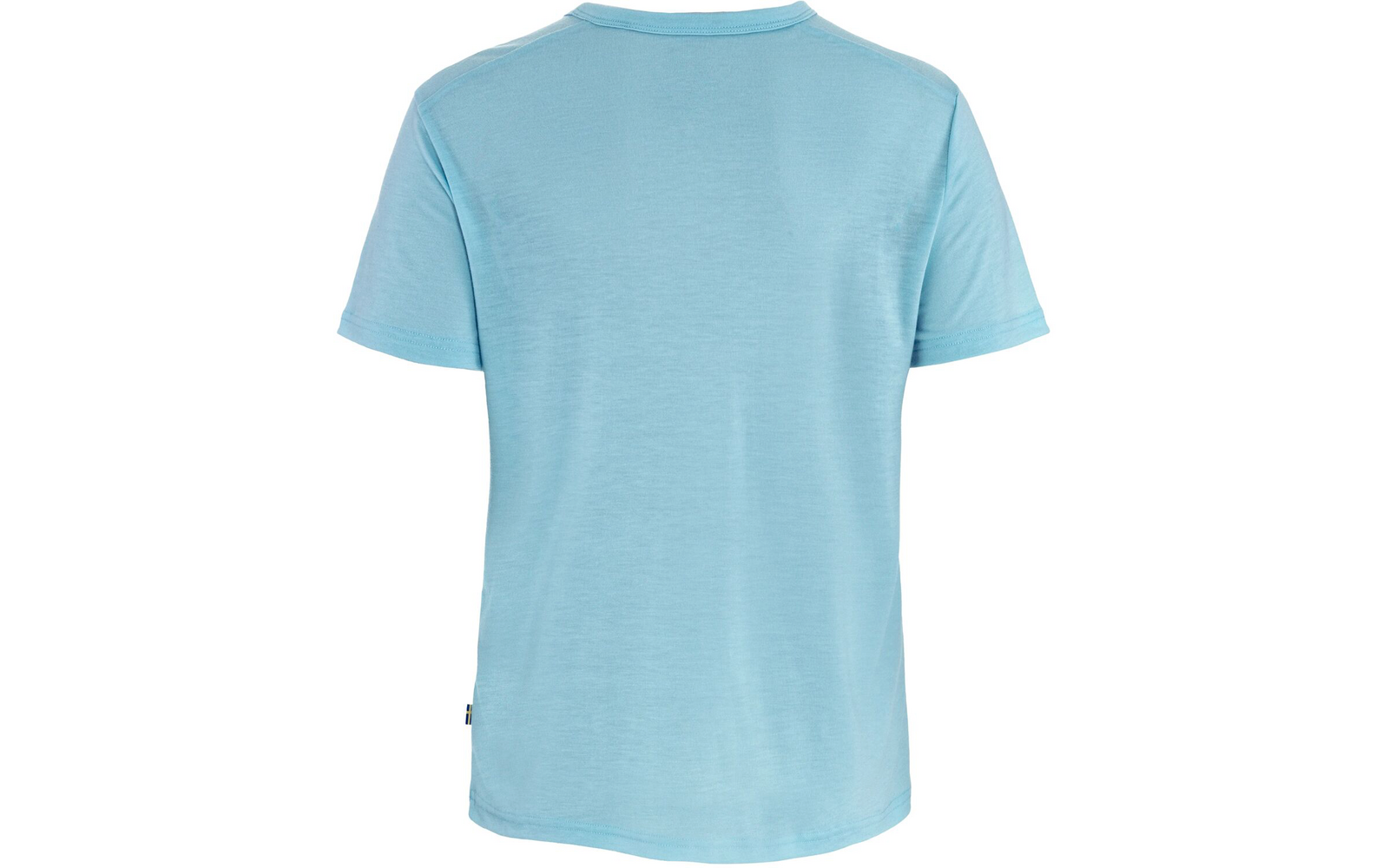 Hellblaues kurzärmeliges T-Shirt von hinten, Rundhalsausschnitt, kleine Etikette an der linken Seitennaht