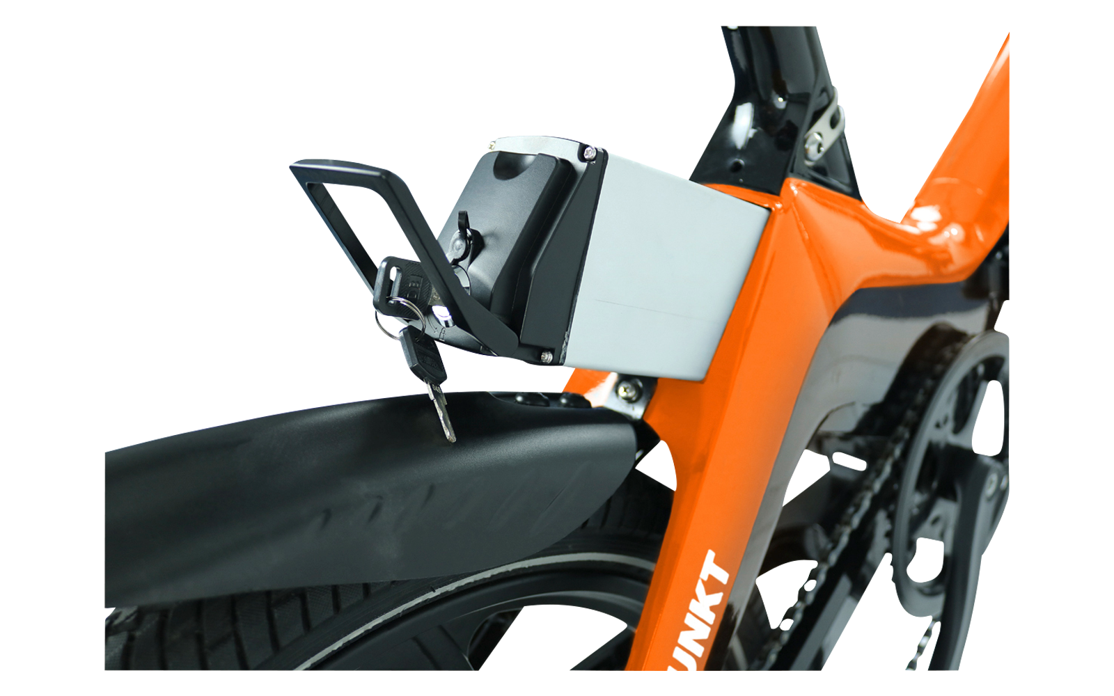 Close-up of an orange bicycle with a battery compartment and a rear mudguard