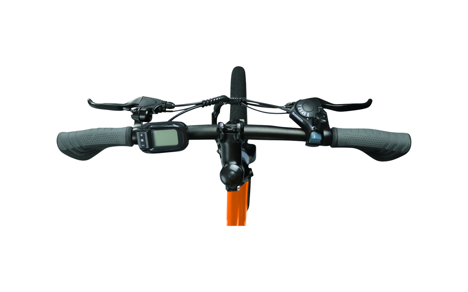 Bicycle handlebar with brake levers, grips, and digital display