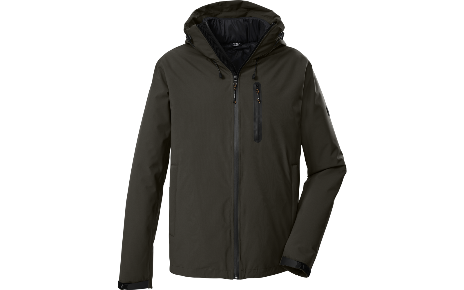 Dunkelgrüne Kapuzenjacke, Vorderansicht, durchgehender Mittelreißverschluss, vertikale Brusttasche mit schwarzem Reißverschluss, zwei Seitentaschen, Kapuze mit Kordeln, schwarzes Innenfutter, Ärmelbündchen mit Klett