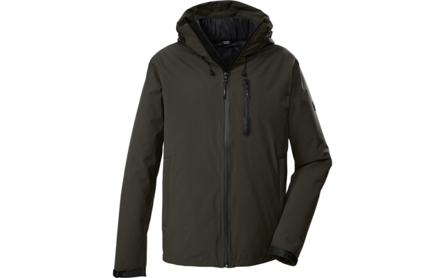Dunkelgrüne Kapuzenjacke, Vorderansicht, durchgehender Mittelreißverschluss, vertikale Brusttasche mit schwarzem Reißverschluss, zwei Seitentaschen, Kapuze mit Kordeln, schwarzes Innenfutter, Ärmelbündchen mit Klett