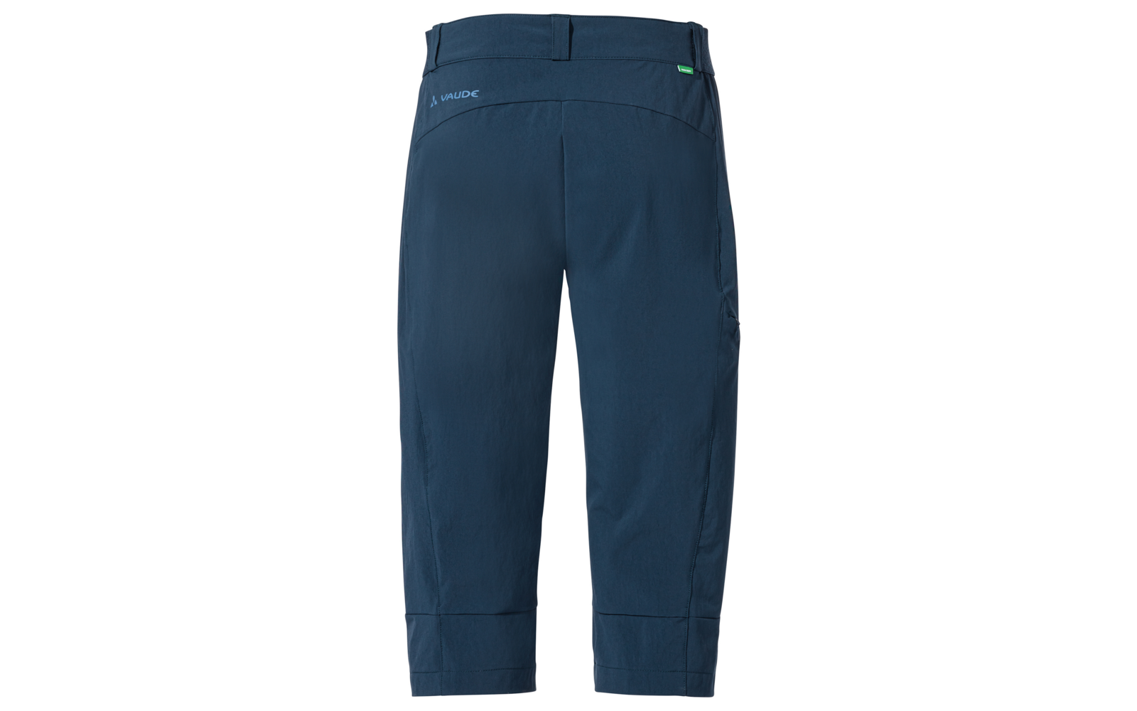 Back view of dark blue knee-length pants with waistband, belt loops, right side pocket, small green label on the waistband, and 'VAUDE' logo on the left back