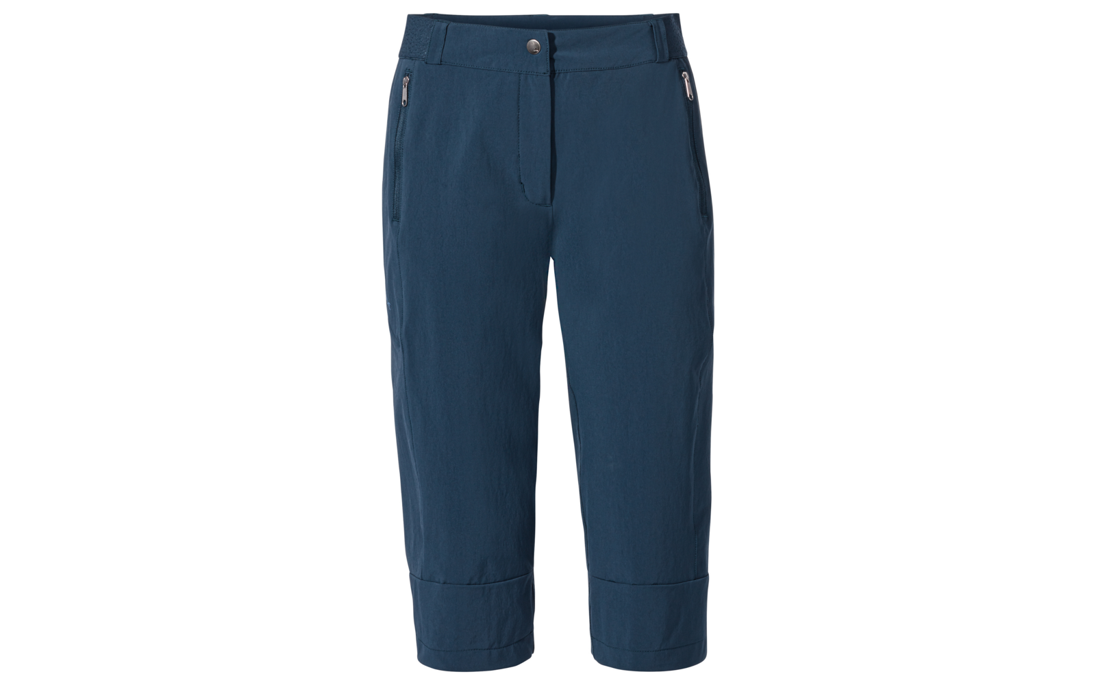 Dark blue cropped pants with front button and zipper, belt loops, two zippered side pockets and folded cuffs