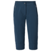 Dark blue cropped pants with front button and zipper, belt loops, two zippered side pockets and folded cuffs