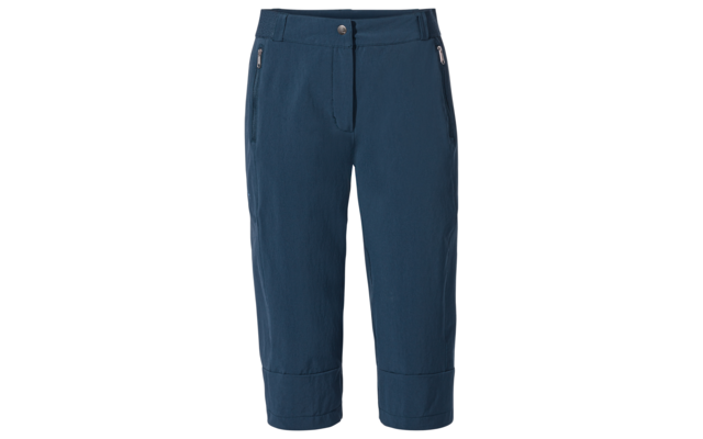 Dark blue cropped pants with front button and zipper, belt loops, two zippered side pockets and folded cuffs