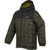 Steppjacke mit Kapuze, durchgehendem Reißverschluss, grün-schwarzem Camouflage-Muster, zwei seitlichen Reißverschlusstaschen, elastischen Bündchen und Logoprint auf Brust und Ärmel