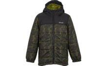 Gesteppte dunkelgrün-schwarze Jacke mit Kapuze, durchgehendem Reißverschluss, zwei seitlichen Reißverschlusstaschen, elastischen Bündchen, grünem Innenfutter in der Kapuze und kleinem Markenlogo auf der linken Brust