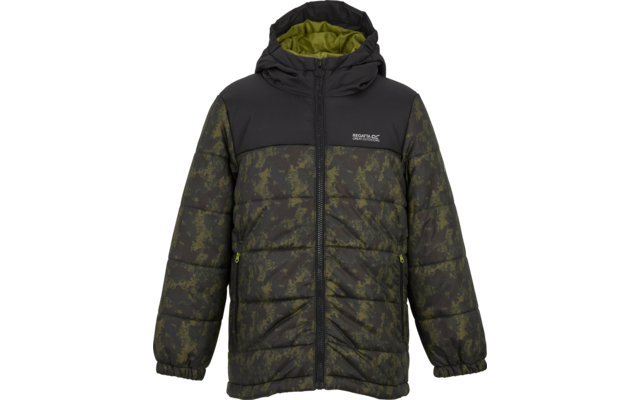 Gesteppte dunkelgrün-schwarze Jacke mit Kapuze, durchgehendem Reißverschluss, zwei seitlichen Reißverschlusstaschen, elastischen Bündchen, grünem Innenfutter in der Kapuze und kleinem Markenlogo auf der linken Brust