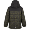 Rückenansicht einer gestepp­ten Kapuzenjacke mit schwarzer Kapuze und dunkelgrün-schwarzem Camouflage-Muster, horizontal gesteppt, elastische Ärmelbündchen und kleines reflektierendes Rechteck am Saum