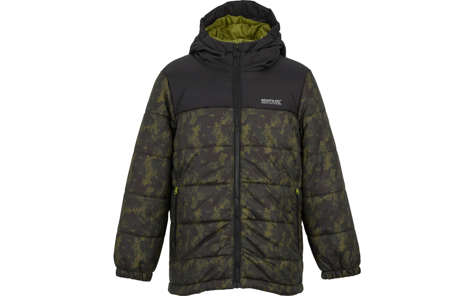 Gesteppte dunkelgrün-schwarze Jacke mit Kapuze, durchgehendem Reißverschluss, zwei seitlichen Reißverschlusstaschen, elastischen Bündchen, grünem Innenfutter in der Kapuze und kleinem Markenlogo auf der linken Brust
