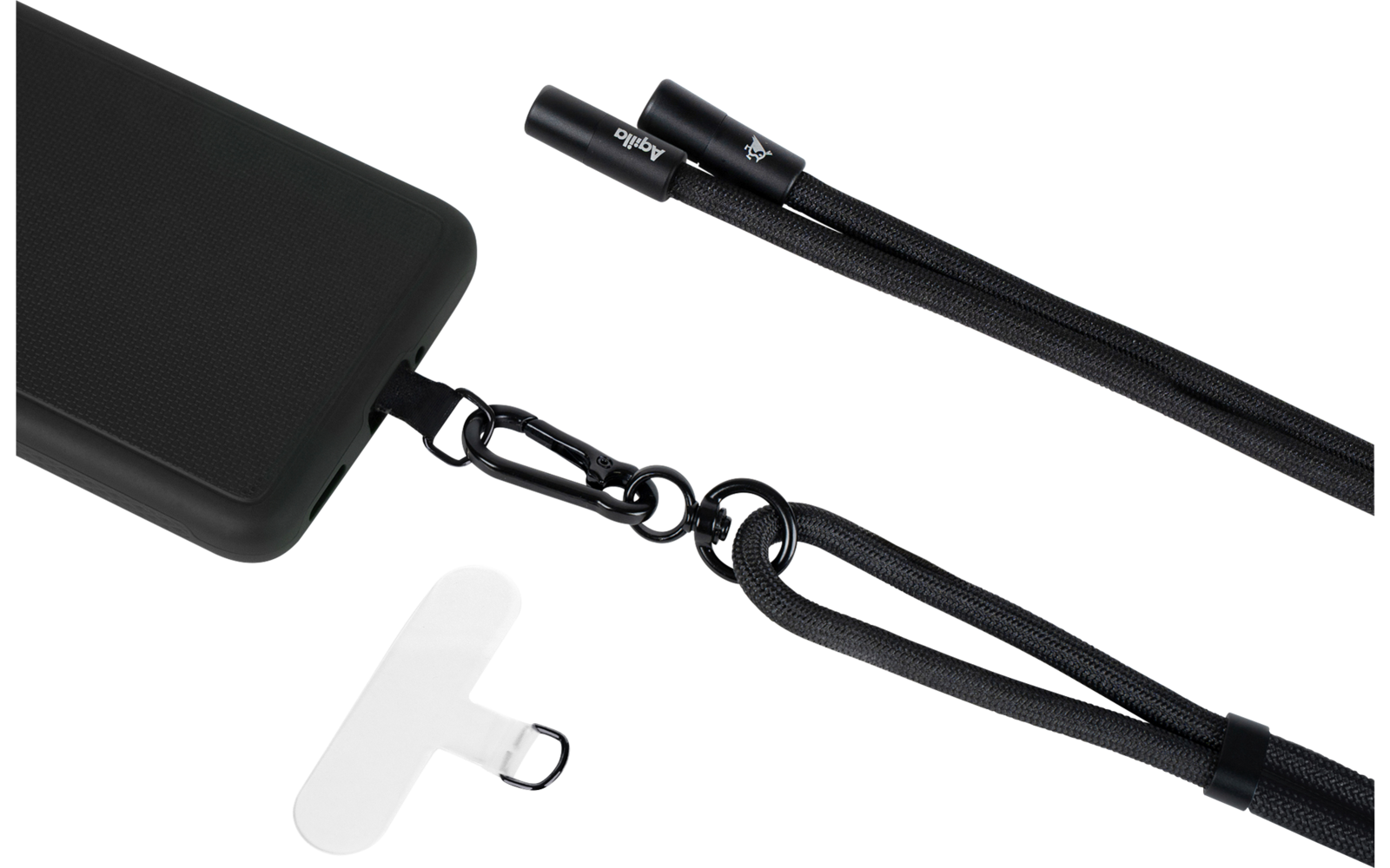 Schwarzes rechteckiges Objekt mit angeschlossenem schwarzen Trageband und Karabiner; zwei schwarze Rundringe; transparentes T-förmiges Klebepad; gelbes „Aqila“-Logo unten rechts; weißer Hintergrund